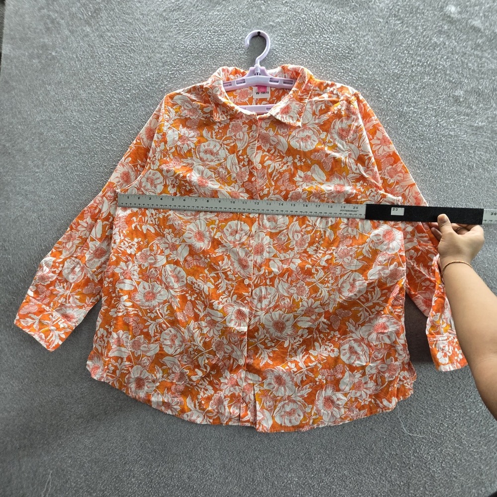 Woman Within Women Button Up Shirt L (18/20) Orange Linen Rayon Floral Artsy - Picture 6 of 8